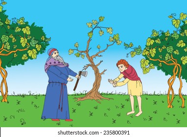 illustration of the old and the young man in the garden are going to chop wood with an ax