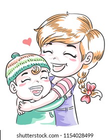 Illustration of Older Sister Hugging Younger Sibling