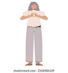 Illustration of an Older Woman with Gray Curly Hair in Light Beige Blouse and Gray Pants Showing Heart Gesture