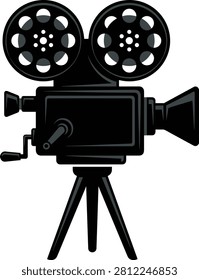 Illustration of an oldfashioned movie camera mounted on a tripod with two film reels