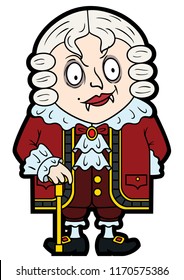 Illustration an old-fashioned vampire wearing a wig, in a flat cartoon style
