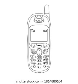 Illustration. An old-style mobile phone. Black and white outline of the phone with antenna, buttons, and display