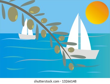 illustration of olive branch with sea, sun and boats behind.