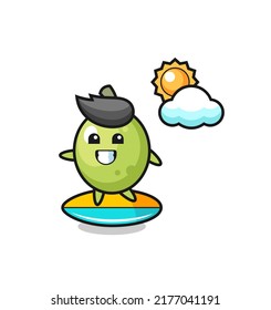 Illustration of olive cartoon do surfing on the beach , cute style design for t shirt, sticker, logo element