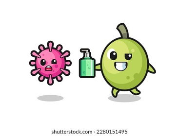 illustration of olive character chasing evil virus with hand sanitizer , cute style design for t shirt, sticker, logo element