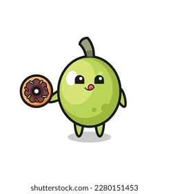 illustration of an olive character eating a doughnut , cute style design for t shirt, sticker, logo element