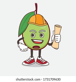 An illustration of Olive Fruit architect cartoon mascot character having blueprints and yellow helmet