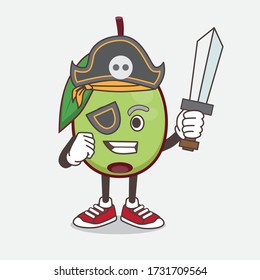 An illustration of Olive Fruit cartoon mascot character in pirate style and wearing hat and sword
