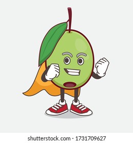 An illustration of Olive Fruit cartoon mascot character dressed as a Super hero