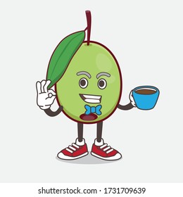 An illustration of Olive Fruit cartoon mascot character with a cup of coffee