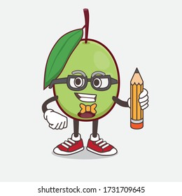 An illustration of Olive Fruit cartoon mascot character holding pencil
