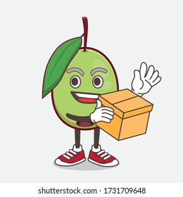 An illustration of Olive Fruit cartoon mascot character holding a box