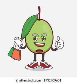 An illustration of Olive Fruit cartoon mascot character waving and holding Shopping bags