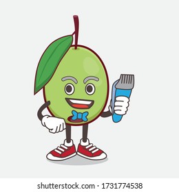 An illustration of Olive Fruit cartoon mascot character as smiling barber with hair clipper on hand
