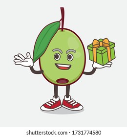 An illustration of Olive Fruit cartoon mascot character with a box of gift