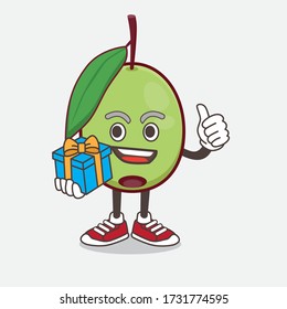 An illustration of Olive Fruit cartoon mascot character with gift
