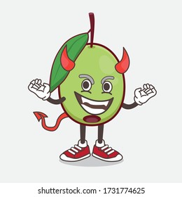 An illustration of Olive Fruit cartoon mascot character as red devil with horns and tail