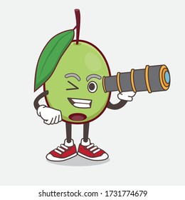 An illustration of Olive Fruit cartoon mascot character using a monocular