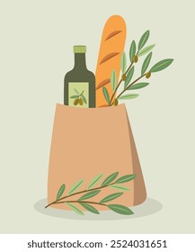 Illustration with Olive Oil, Baguette Bread at Paper Bag