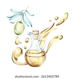 Illustration of olive oil and olives in a watercolor style showcasing Italian cuisine and nature