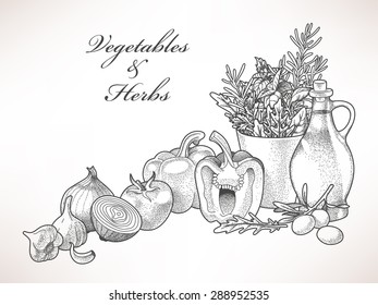 Illustration of olive oil, vegetables and herbs