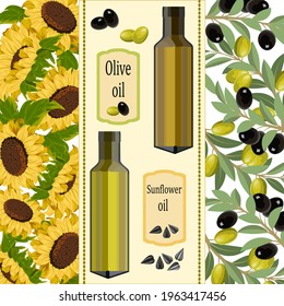 Illustration with olive and sunflower oil.Sunflowers, olives and oil bottles in color vector illustration.