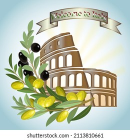 Illustration with olives and the Colosseum.Colosseum and olive branches on a colored background in vector illustration with text.