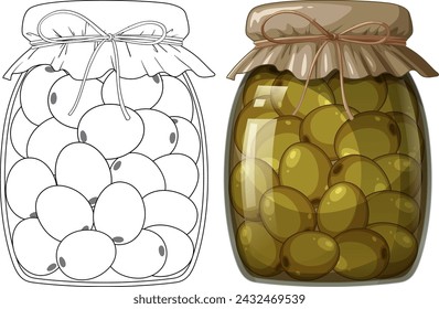 Illustration of olives in jars, one sketched, one colored