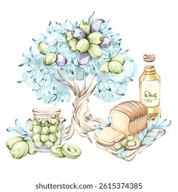 Ilustração de azeitonas, azeite e pão com uma oliveira mostrando a beleza da cozinha italiana