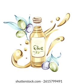 Illustration of olives and olive oil in vibrant watercolor celebrating Italian cuisine and natural beauty