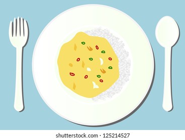ilustración de Omelet y arroz,menú tailandés