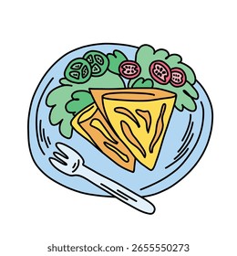 Illustration of omelette with vegetable salad and fork on plate. Greens tomatoes cucumbers in doodle