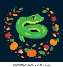 Illustration on an autumn theme, oak leaves, aspen leaves, pumpkins, natural colors and green snake