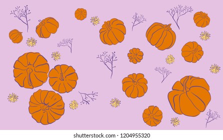 Illustration on the autumn theme. Pumpkins, yellow flowers and dry gray twigs on a purple background. Pattern, Illustration, Doodle
