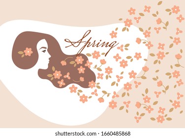 Illustration on the banner of the spring womens day with the silhouette of a girl with flowers flying in the side.