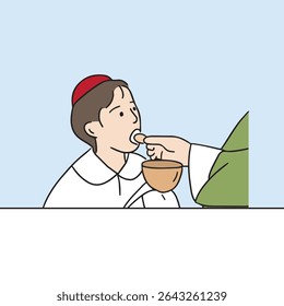 Ilustração sobre o batismo de um menino que é batizado em uma catedral, o primeiro corpo santo católico. Elementos de design vetorial relacionados à religião católica.