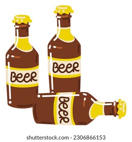 Illustration on beer glass bottles with a lid for a brewery. Cartoon colored glass beer bottles stand in a group, one lies on a white background. Glass bottles are the main accessory for beer gourmets