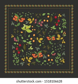Illustration on a black background, elements from branches, berries, flowers and leaves, pattern for cover, paper or invitation decor