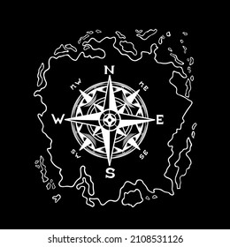 Ilustración sobre un fondo negro de un extracto de un mapa geográfico y una rosa de vientos del mar, un fantástico mapa de la tierra y direcciones de las brújulas