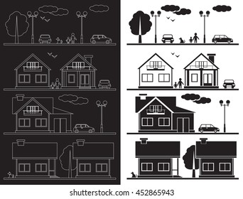 illustration on black background linear and on a white background icons, the house on the street