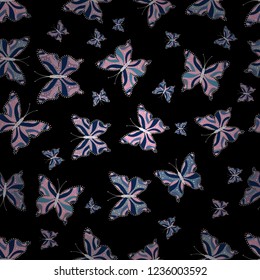 Illustration on black, neutral and blue background. Vector. Pattern for fabric, textile, print and invitation. Butterflies pattern. Seamless.