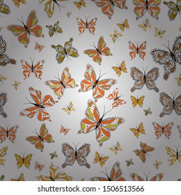 Illustration on black, orange and white colors. Fashion nice fabric design. Vector butterflies pattern. Abstract seamless background.