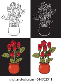 Illustration on black and white background Red rose in a pot colored and drawing
