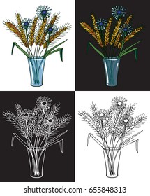 Illustration on black and white background drawing of flowers of cornflowers and ears in a vase