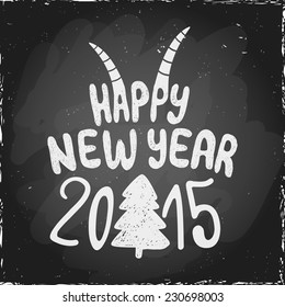 Illustration on a blackboard. Poster on theme Merry Christmas and happy new year. Year of the Goat. Christmas tree