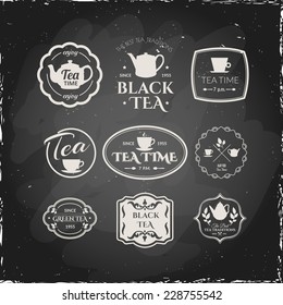 Illustration on a blackboard. Set of labels on theme tea. Tradition of teatime.