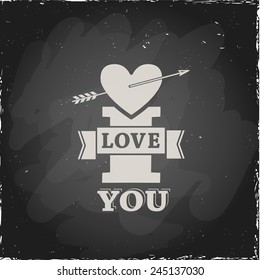 Illustration on a blackboard. Typographic composition I Love You. Greeting card.