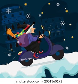 Illustration on blue background with colosseum and befana on vespa scooter. with the inscription in Italian comes the befana. Happy Epiphany. Italian Christmas tradition. vector illustration 