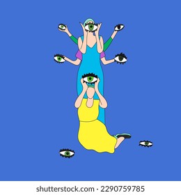 illustration on a blue background esoteric eyes witches women magic magic cosmos energy spirituality purple yellow blue blue starry sky comet milky way