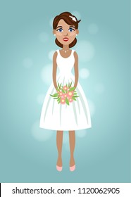Illustration on a blue background. Smiling brown-haired woman, the bride in a wedding dress is holding a pink bouquet